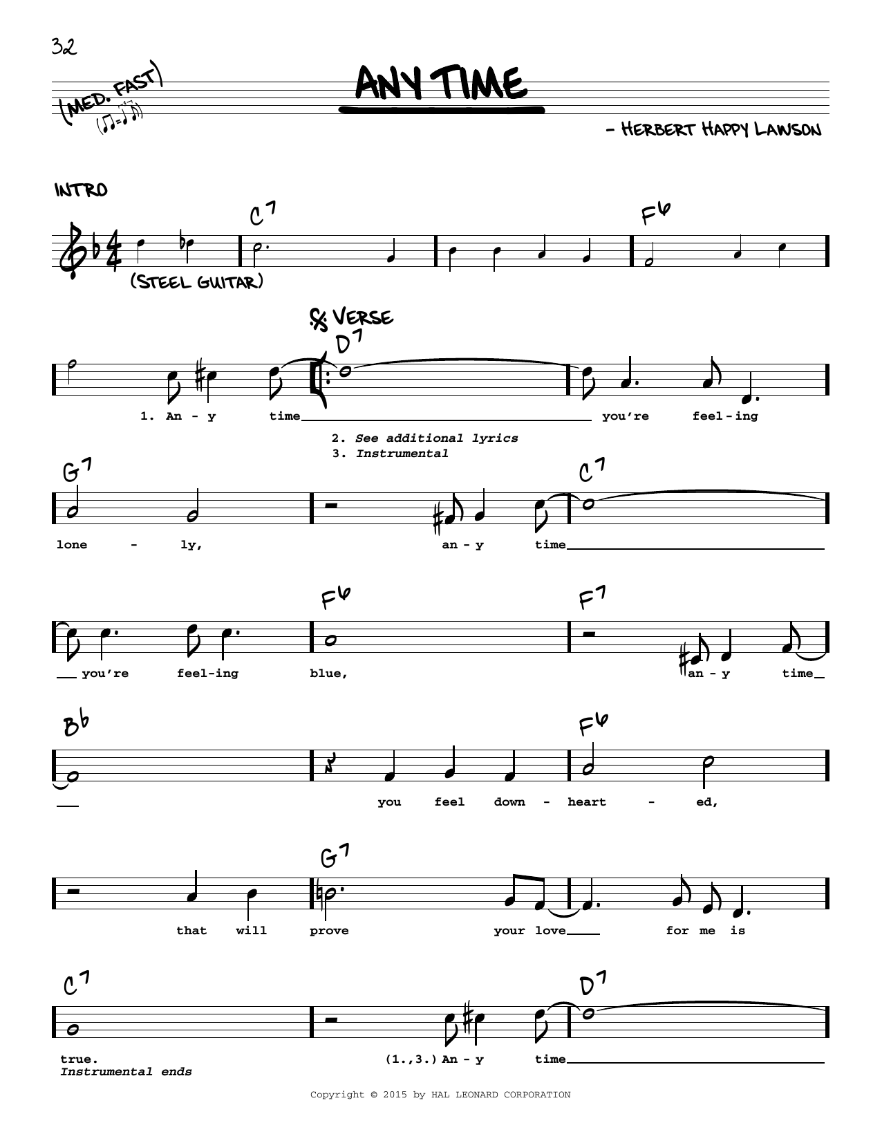 Eddy Arnold Any Time Sheet Music Notes & Chords for Real Book – Melody, Lyrics & Chords - Download or Print PDF