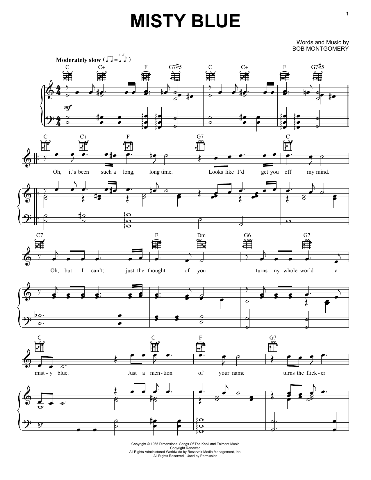 Eddy Arnold Misty Blue Sheet Music Notes & Chords for Piano, Vocal & Guitar (Right-Hand Melody) - Download or Print PDF