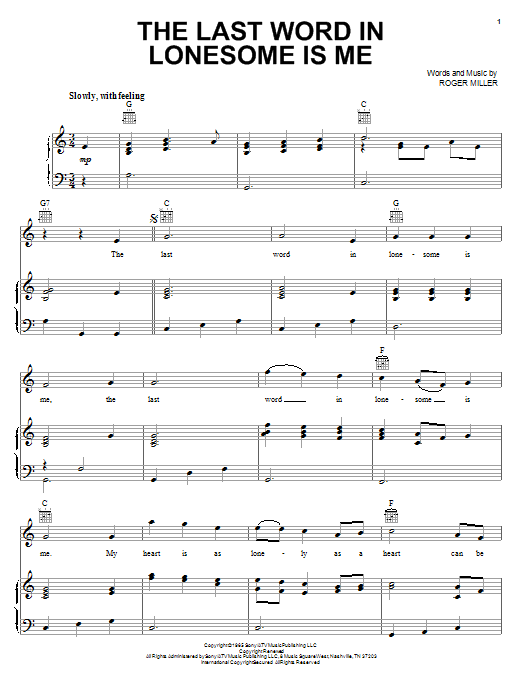 Eddy Arnold The Last Word In Lonesome Is Me Sheet Music Notes & Chords for Piano, Vocal & Guitar (Right-Hand Melody) - Download or Print PDF