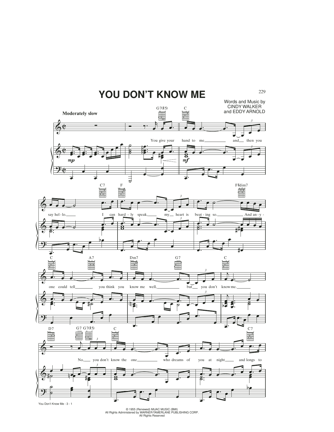 Eddy Arnold You Don't Know Me Sheet Music Notes & Chords for Piano, Vocal & Guitar Chords (Right-Hand Melody) - Download or Print PDF