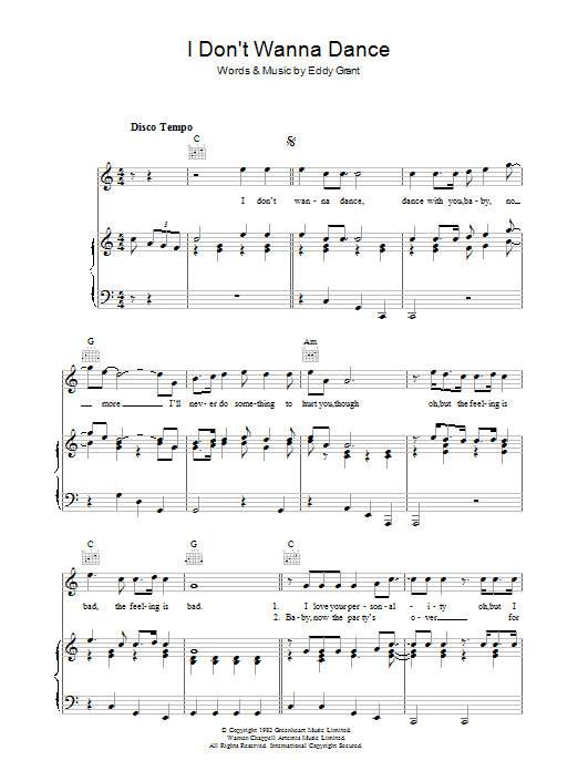 Eddy Grant I Don't Wanna Dance Sheet Music Notes & Chords for Piano, Vocal & Guitar (Right-Hand Melody) - Download or Print PDF