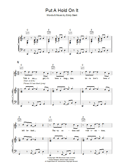 Eddy Grant Put A Hold On It Sheet Music Notes & Chords for Piano, Vocal & Guitar (Right-Hand Melody) - Download or Print PDF