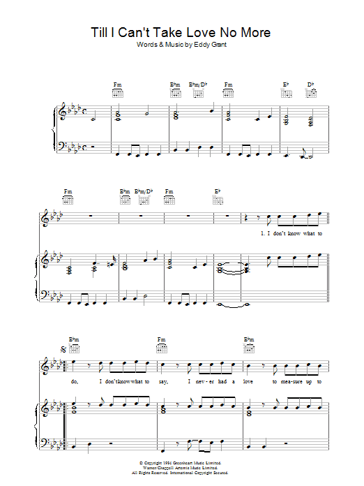 Eddy Grant Till I Can't Take Love No More Sheet Music Notes & Chords for Piano, Vocal & Guitar (Right-Hand Melody) - Download or Print PDF