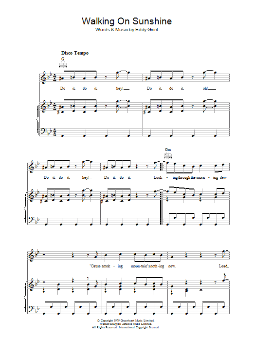 Eddy Grant Walking On Sunshine Sheet Music Notes & Chords for Piano, Vocal & Guitar (Right-Hand Melody) - Download or Print PDF