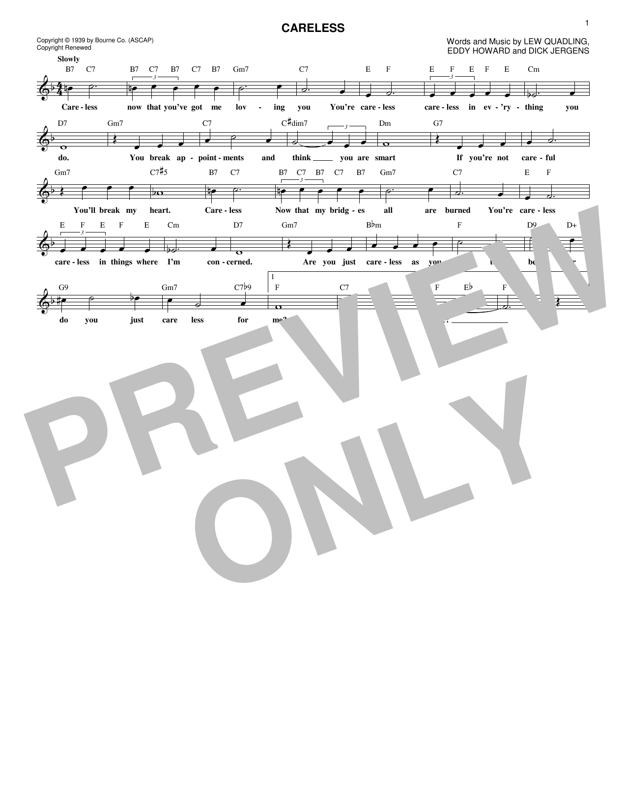 Eddy Howard Careless Sheet Music Notes & Chords for Melody Line, Lyrics & Chords - Download or Print PDF