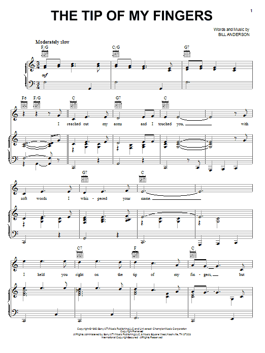 Preview Eddy Arnold The Tip Of My Fingers Country sheet music, notes and chords for Melody Line, Lyrics & Chords, SKU: 194797 The Tip Of My Fingers sheet music