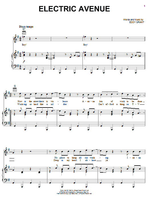 Preview Eddy Grant Electric Avenue Rock sheet music, notes and chords for Piano, Vocal & Guitar (Right-Hand Melody), SKU: 59423 sheet music, piano notes, chords, guitar tabs, score, transpose, transcribe, how to play, guide, download, learn, tutorial, progression, song, artist, awards, billboard, mtv, vh1, tour, single, album, release