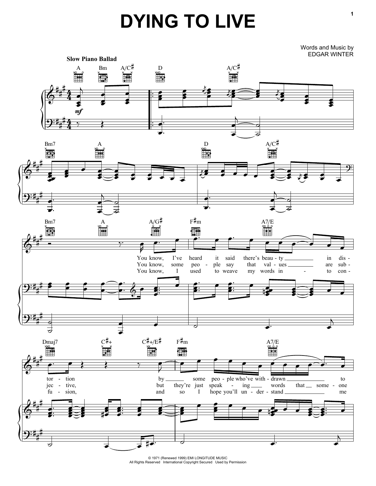 Edgar Winter Dying To Live Sheet Music Notes & Chords for Piano, Vocal & Guitar (Right-Hand Melody) - Download or Print PDF