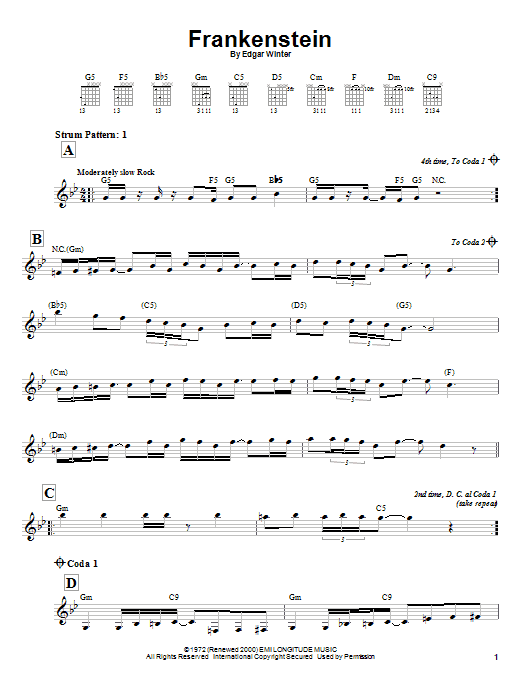 Edgar Winter Group Frankenstein Sheet Music Notes & Chords for Melody Line, Lyrics & Chords - Download or Print PDF