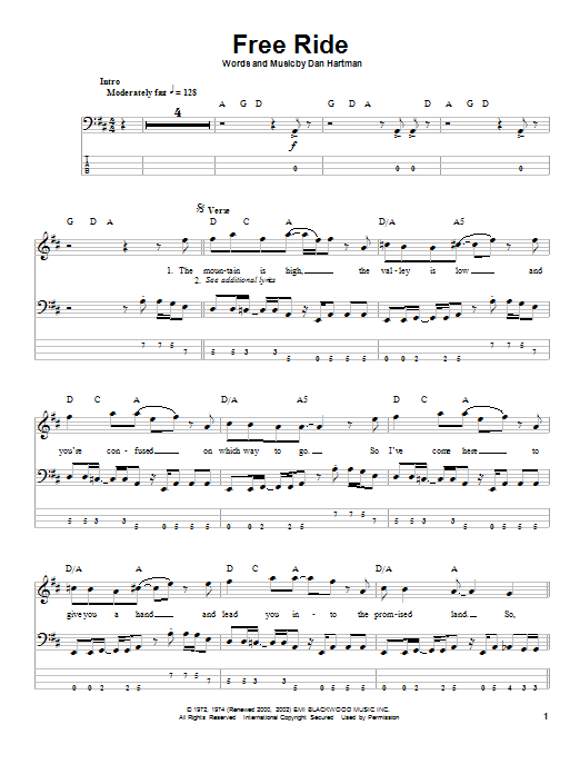Edgar Winter Group Free Ride Sheet Music Notes & Chords for Bass Guitar Tab - Download or Print PDF