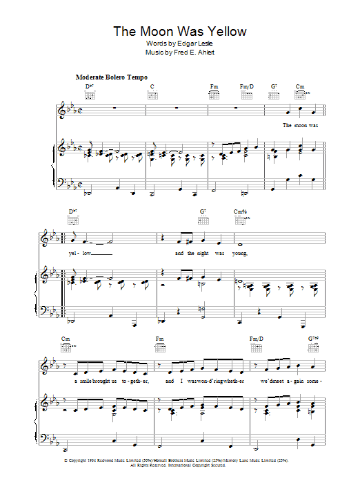 Preview Edgar Leslie The Moon Was Yellow Easy Listening sheet music, notes and chords for Piano, Vocal & Guitar (Right-Hand Melody), SKU: 40092 The Moon Was Yellow sheet music