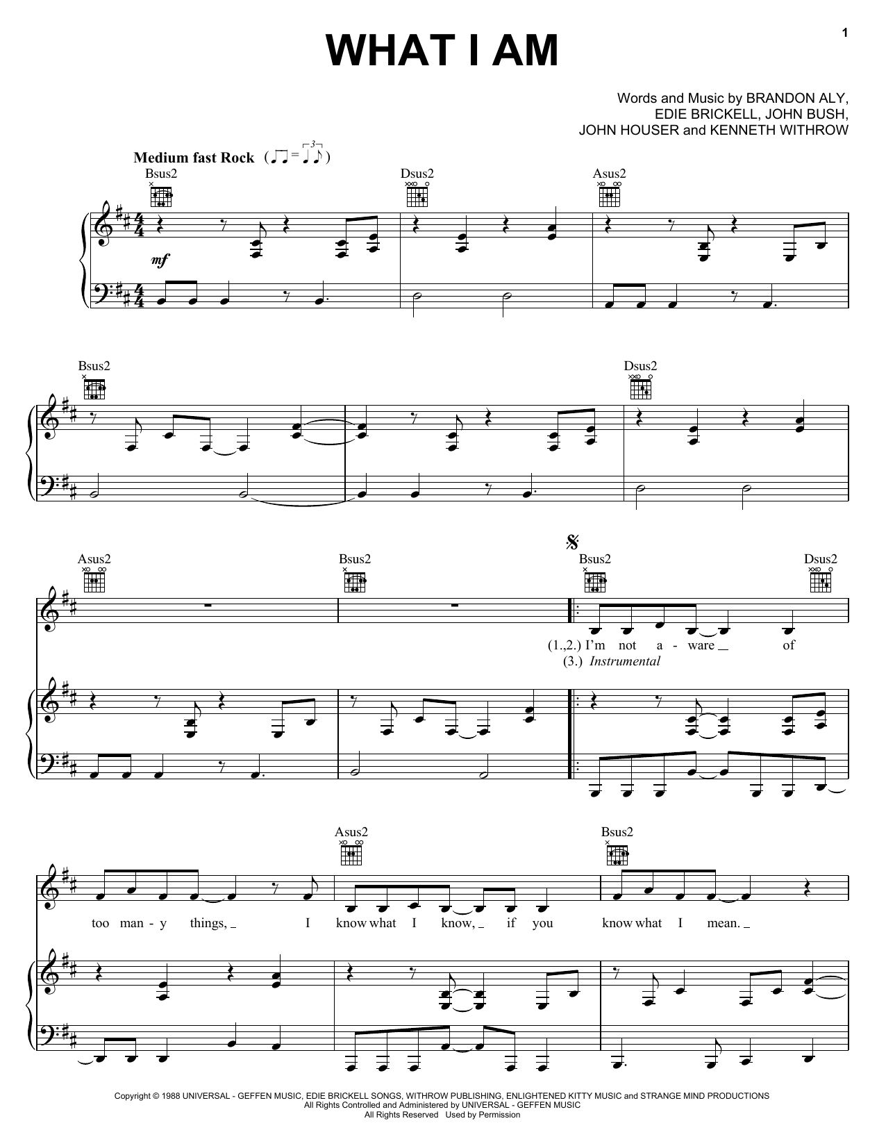 Edie Brickell & New Bohemians What I Am Sheet Music Notes & Chords for Piano, Vocal & Guitar (Right-Hand Melody) - Download or Print PDF