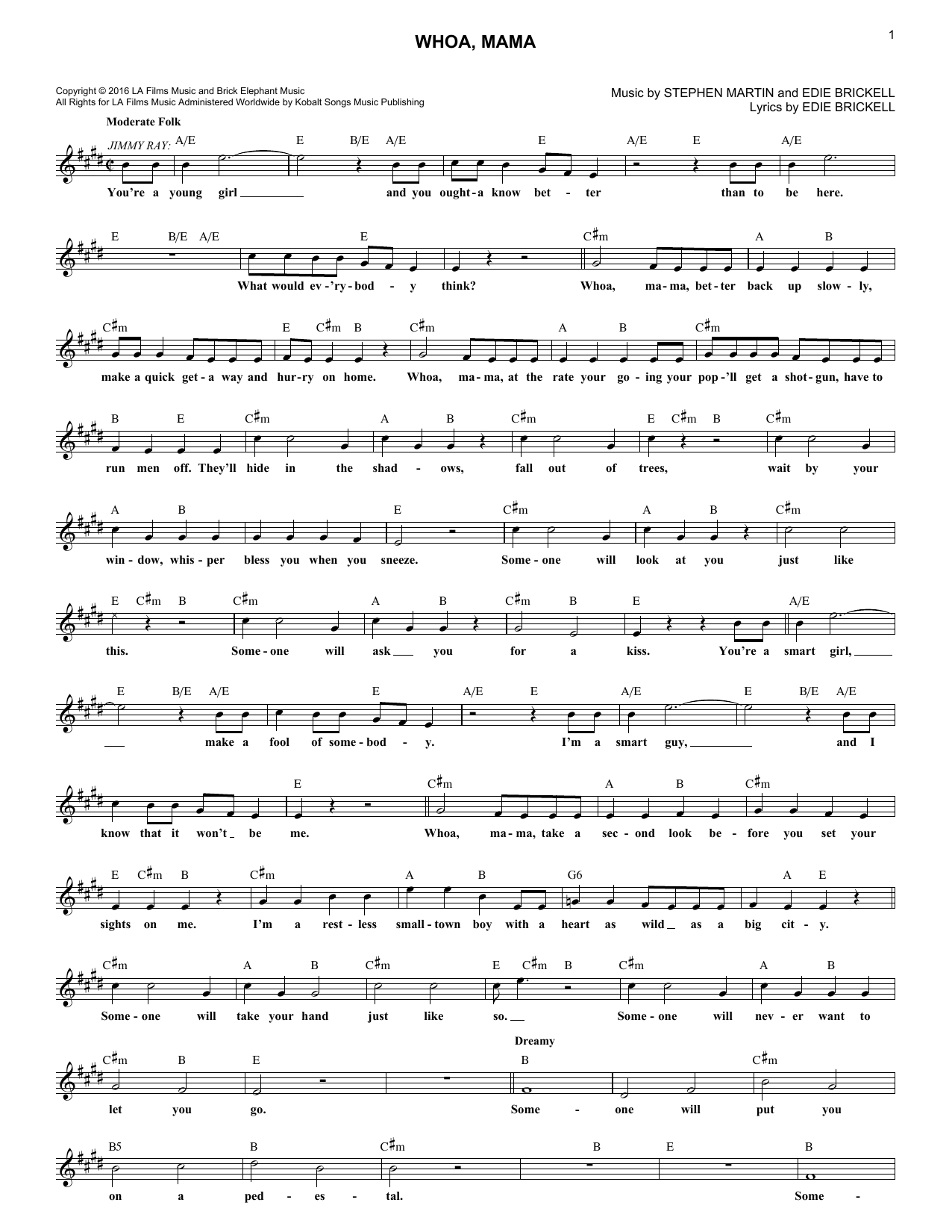 Edie Brickell Whoa, Mama Sheet Music Notes & Chords for Melody Line, Lyrics & Chords - Download or Print PDF