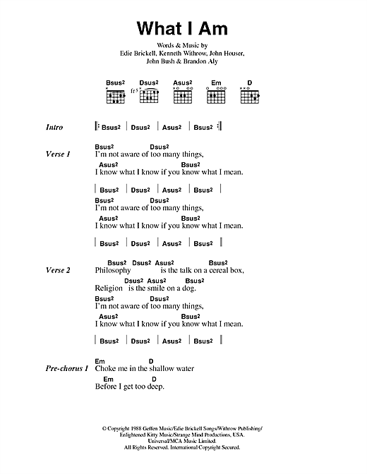 Preview Edie Brickell What I Am Rock sheet music, notes and chords for Lyrics & Chords, SKU: 81414 What I Am sheet music