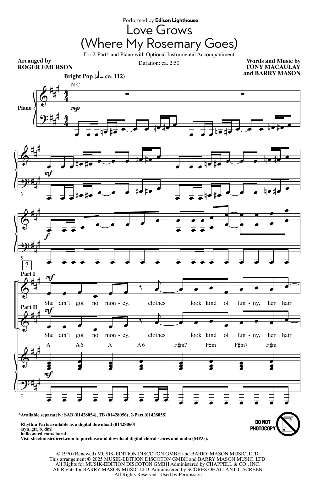 Edison Lighthouse Love Grows (Where My Rosemary Goes) (arr. Roger Emerson) Sheet Music Notes & Chords for TB Choir - Download or Print PDF