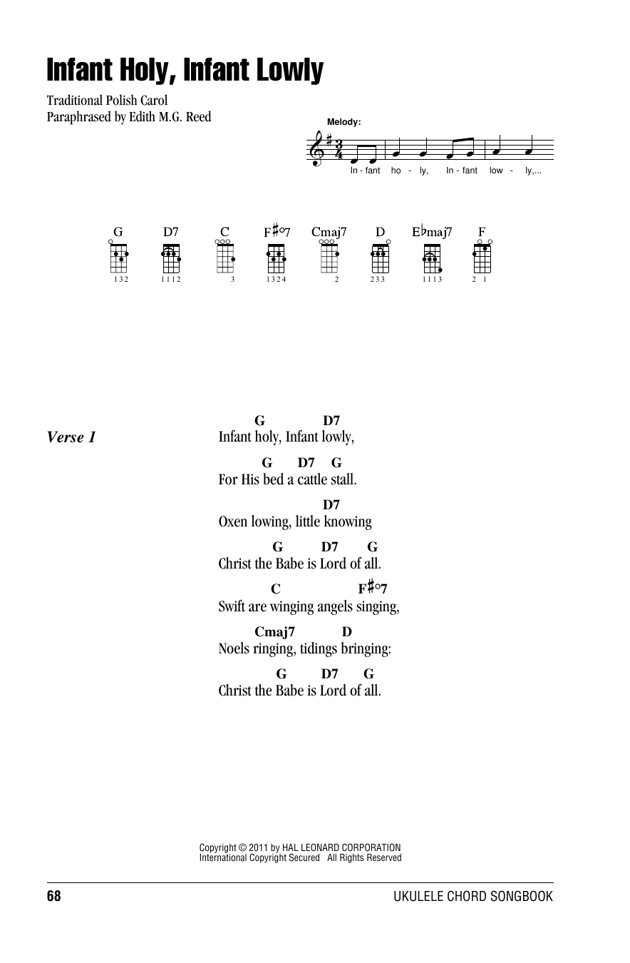 Edith M.G. Reed Infant Holy, Infant Lowly Sheet Music Notes & Chords for Ukulele with strumming patterns - Download or Print PDF