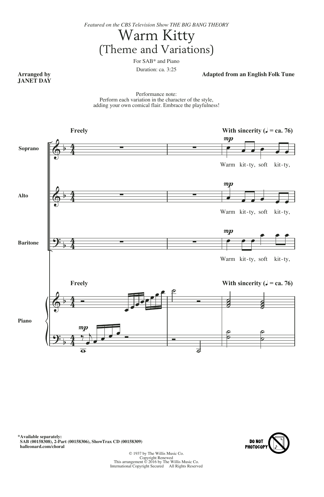 Janet Day Warm Kitty Sheet Music Notes & Chords for SAB - Download or Print PDF