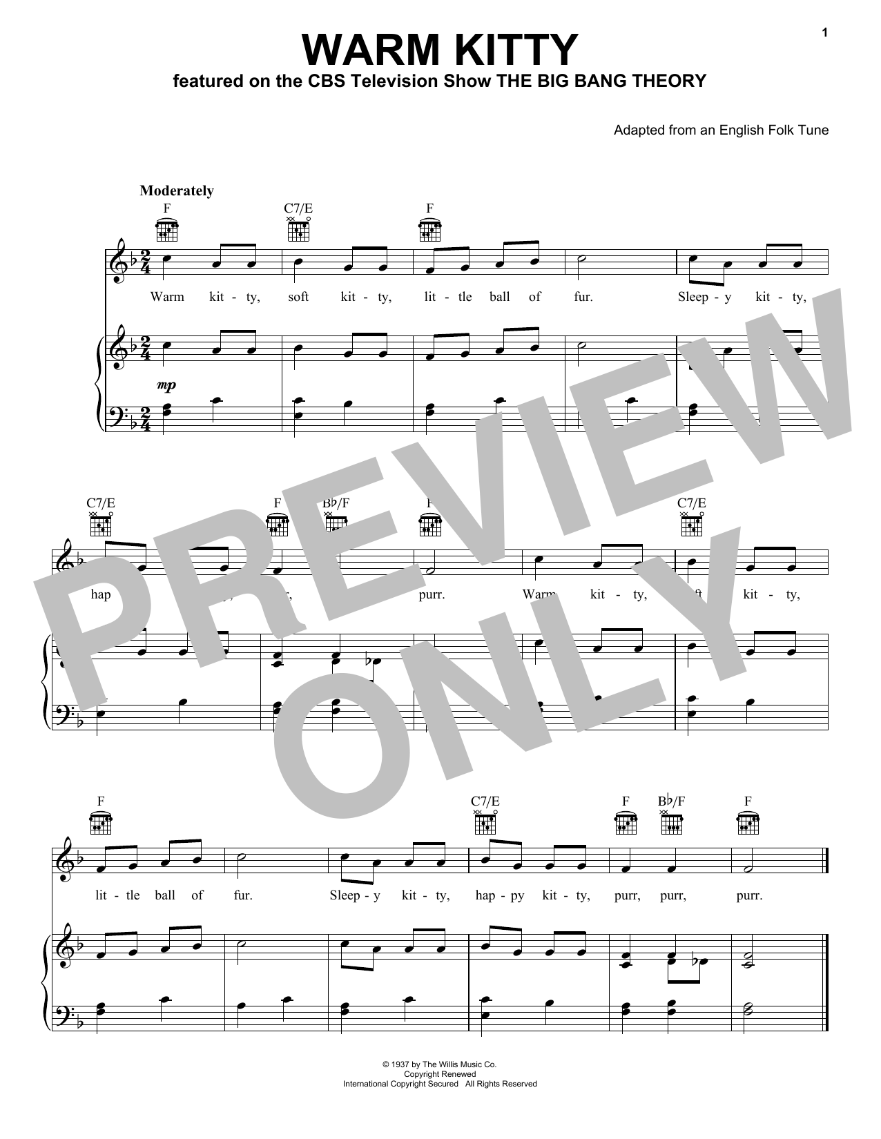 English Folk Tune (adapted) Warm Kitty Sheet Music Notes & Chords for Piano, Vocal & Guitar (Right-Hand Melody) - Download or Print PDF
