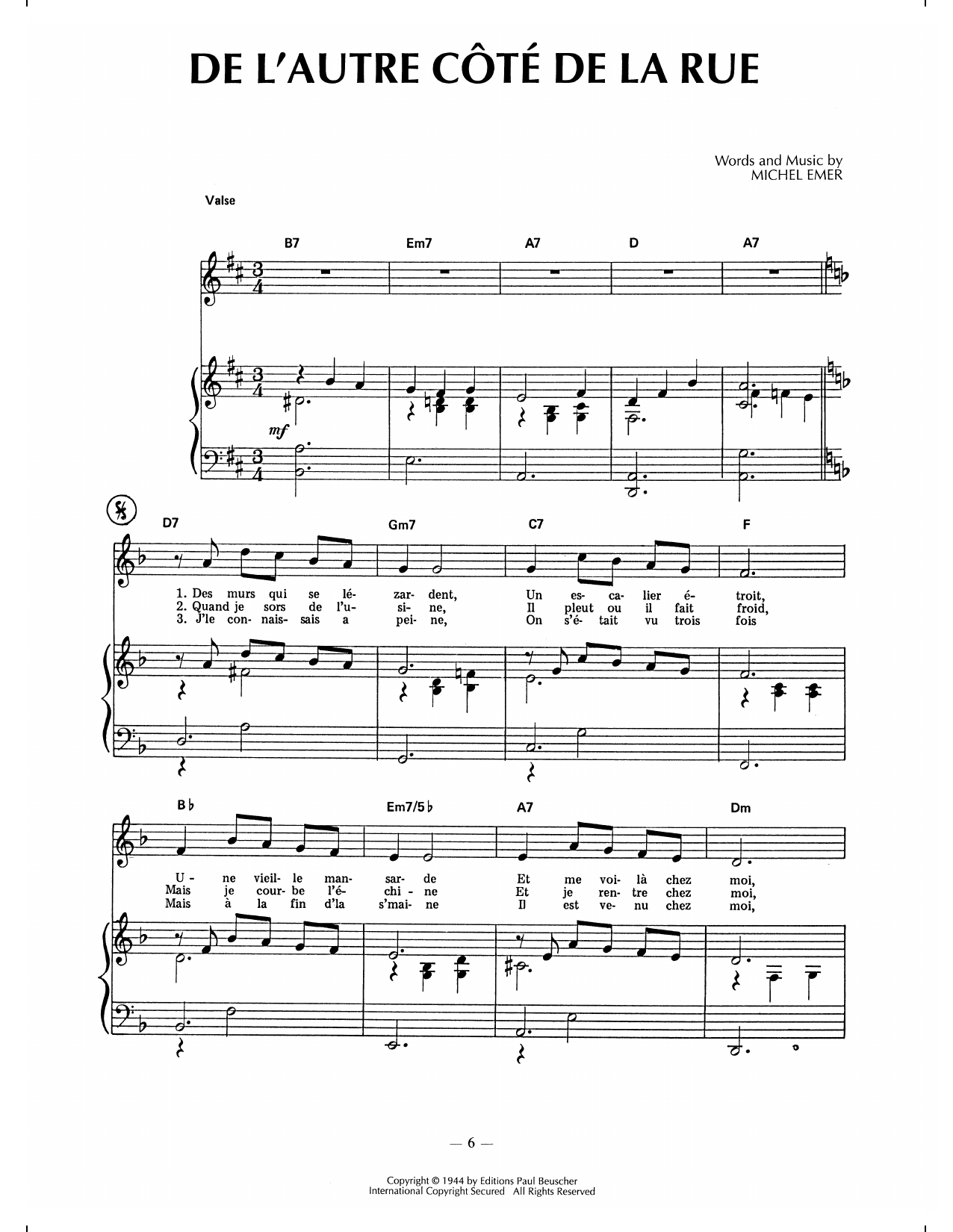 Edith Piaf De L'autre Cote De La Rue Sheet Music Notes & Chords for Piano, Vocal & Guitar Chords (Right-Hand Melody) - Download or Print PDF Edith Piaf De L'autre Cote De La Rue Sheet Music Notes & Chords for Piano, Vocal & Guitar Chords (Right-Hand Melody) - Download or Print PDF