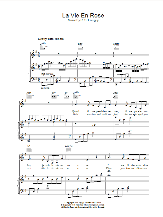 Edith Piaf La Vie En Rose Sheet Music Notes & Chords for Piano, Vocal & Guitar - Download or Print PDF