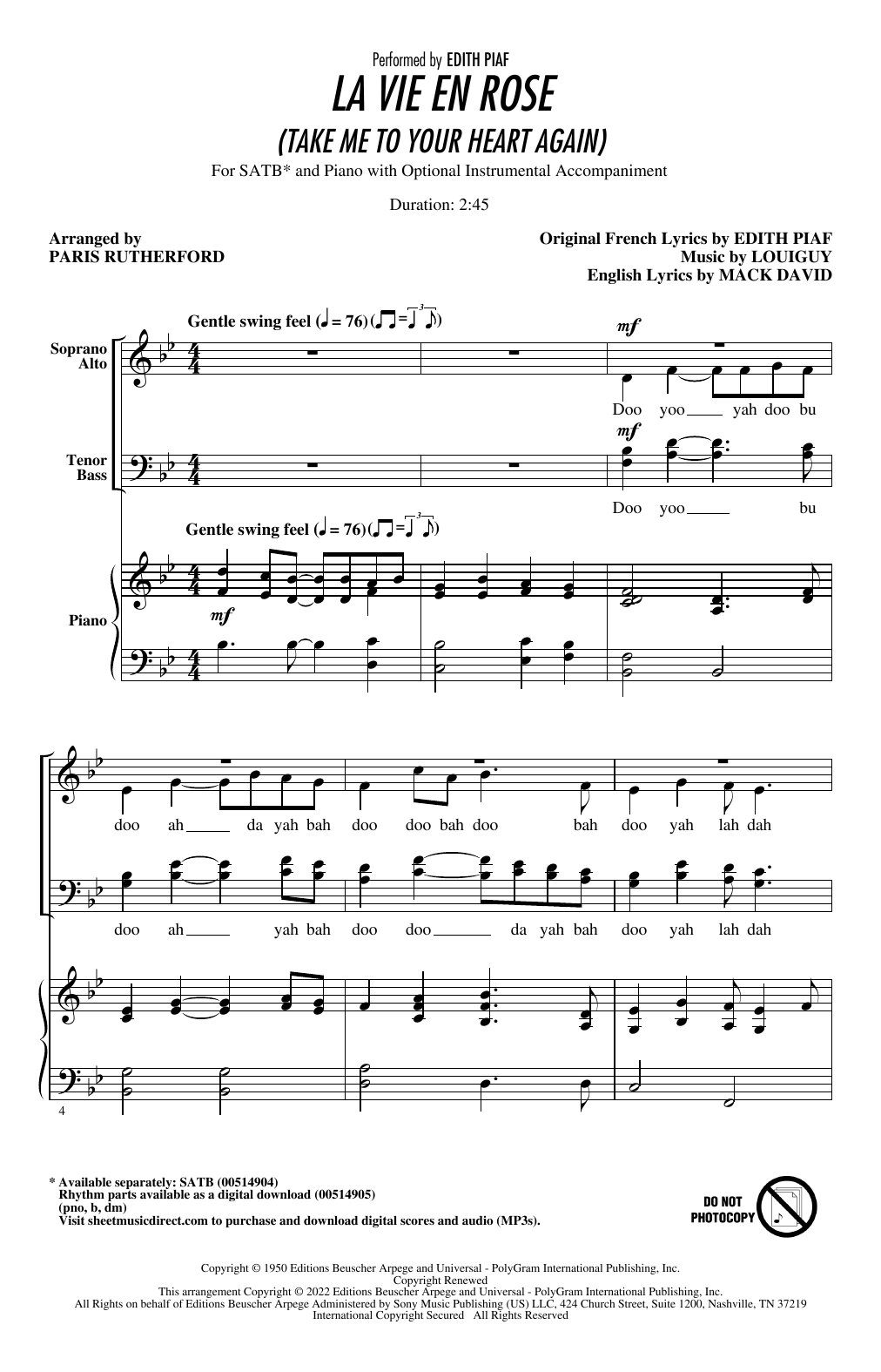 Édith Piaf La Vie En Rose (Take Me To Your Heart Again) (arr. Paris Rutherford) Sheet Music Notes & Chords for SATB Choir - Download or Print PDF