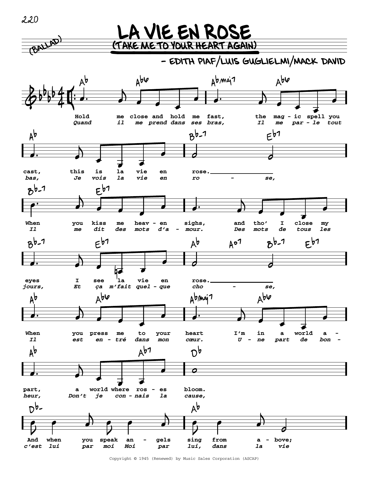 Edith Piaf La Vie En Rose (Take Me To Your Heart Again) (Low Voice) Sheet Music Notes & Chords for Real Book – Melody, Lyrics & Chords - Download or Print PDF