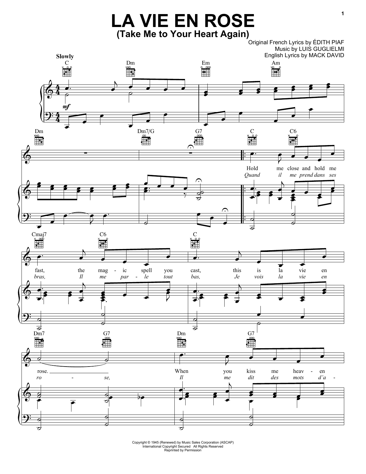 Edith Piaf La Vie En Rose (Take Me To Your Heart Again) Sheet Music Notes & Chords for Mandolin - Download or Print PDF