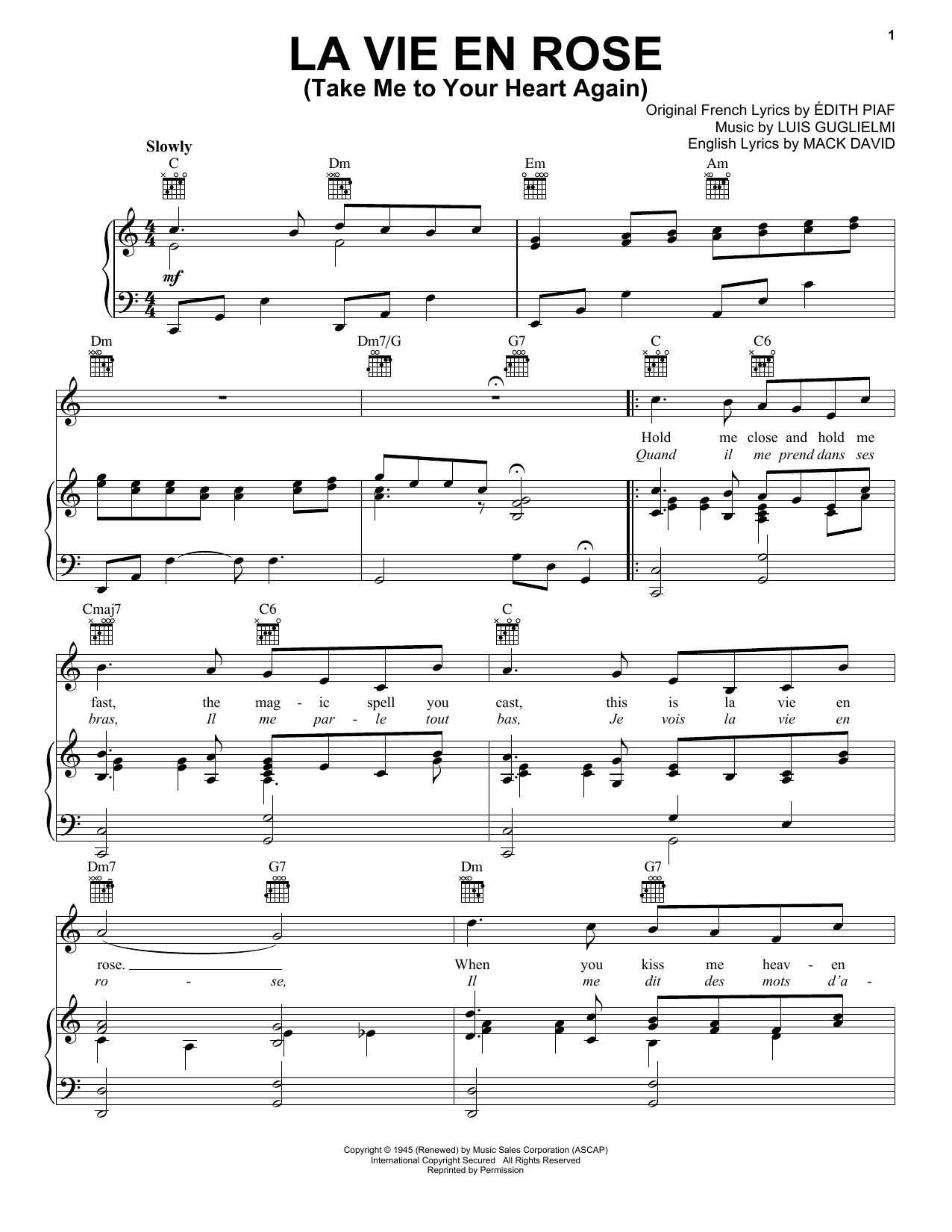 Edith Piaf La Vie En Rose (Take Me To Your Heart Again) Sheet Music Notes & Chords for French Horn Solo - Download or Print PDF