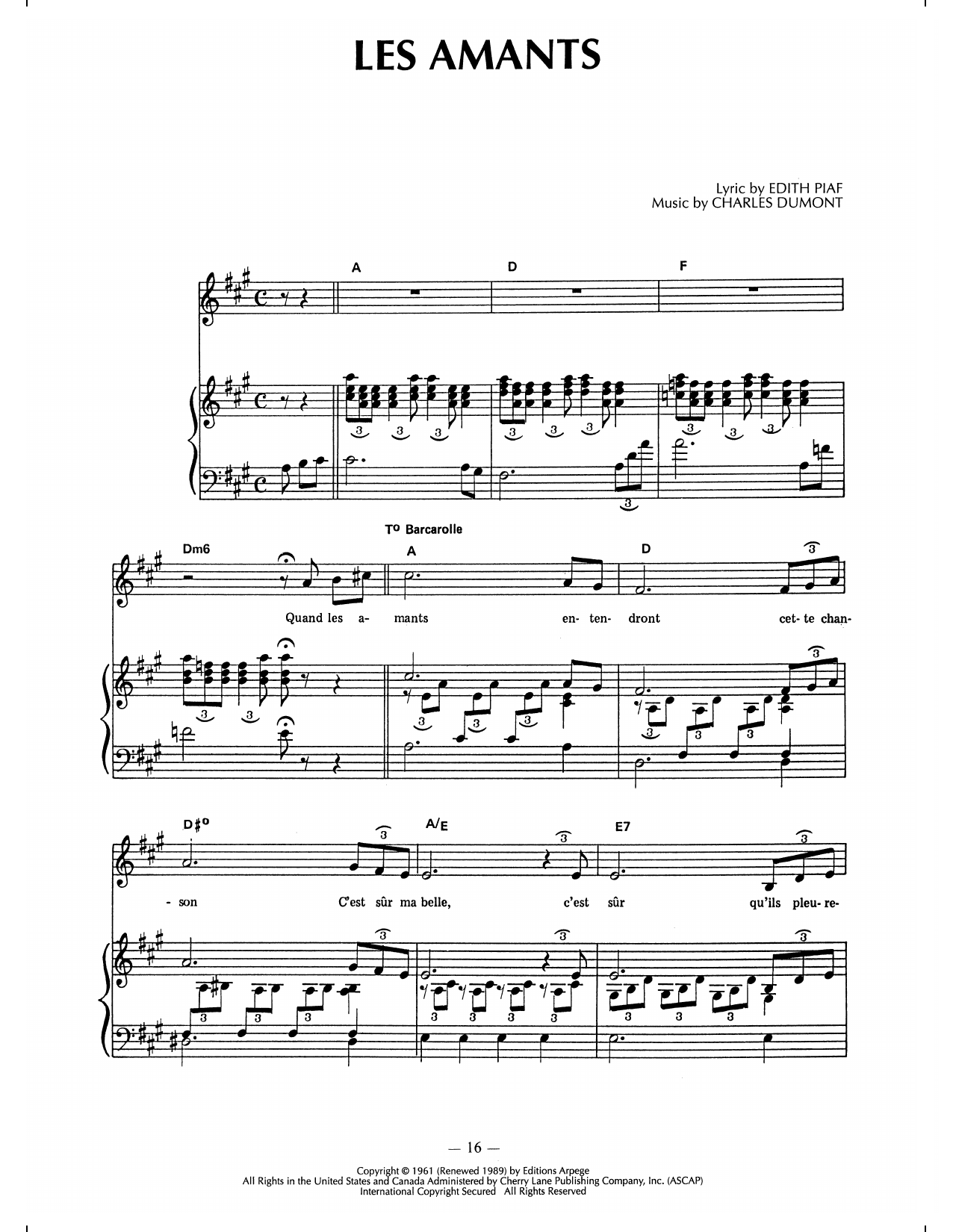 Edith Piaf Les Amants Sheet Music Notes & Chords for Piano, Vocal & Guitar Chords (Right-Hand Melody) - Download or Print PDF Edith Piaf Les Amants Sheet Music Notes & Chords for Piano, Vocal & Guitar Chords (Right-Hand Melody) - Download or Print PDF