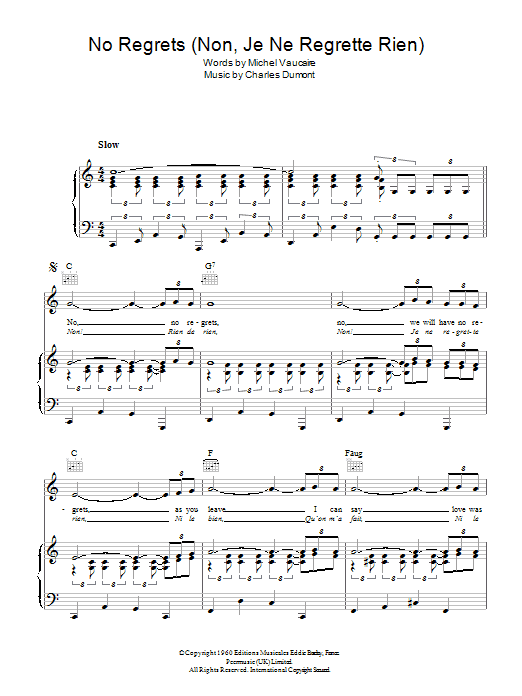 Edith Piaf No Regrets (Non, Je Ne Regrette Rien) Sheet Music Notes & Chords for Lyrics & Chords - Download or Print PDF