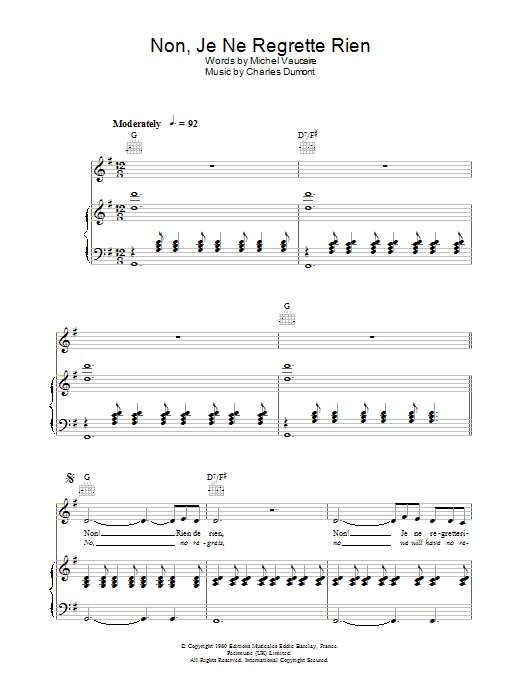 Michel Vaucaire Non, Je Ne Regrette Rien Sheet Music Notes & Chords for Piano, Vocal & Guitar (Right-Hand Melody) - Download or Print PDF