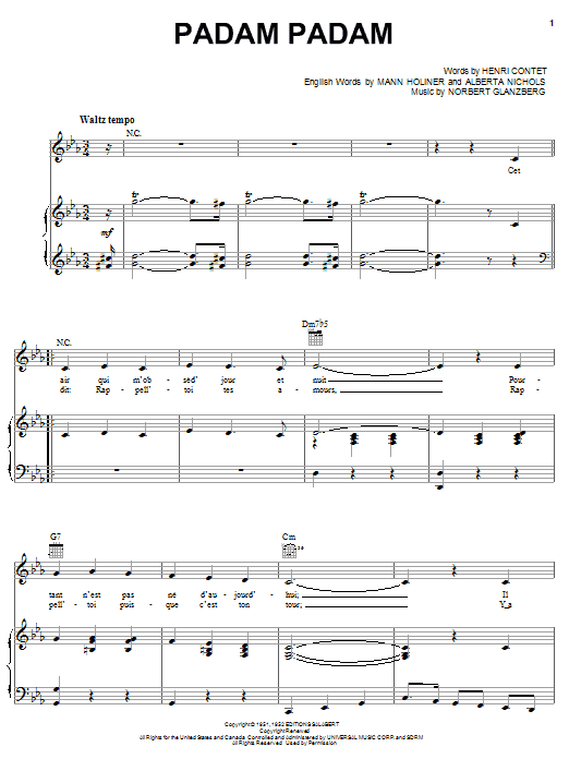 Edith Piaf Padam Padam Sheet Music Notes & Chords for Piano, Vocal & Guitar (Right-Hand Melody) - Download or Print PDF