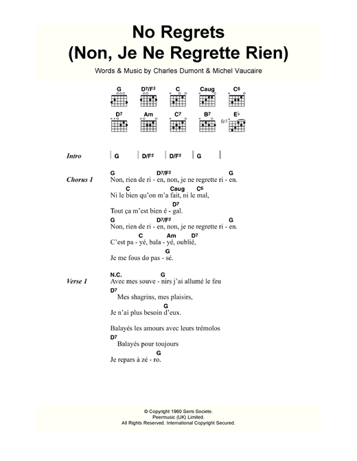 Edith Piaf No Regrets Non Je Ne Regrette Rien Sheet Music Download Pdf Score