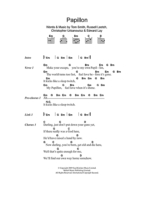Editors Papillon Sheet Music Notes & Chords for Lyrics & Chords - Download or Print PDF