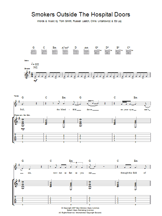 Editors Smokers Outside The Hospital Doors Sheet Music Notes & Chords for Piano, Vocal & Guitar - Download or Print PDF