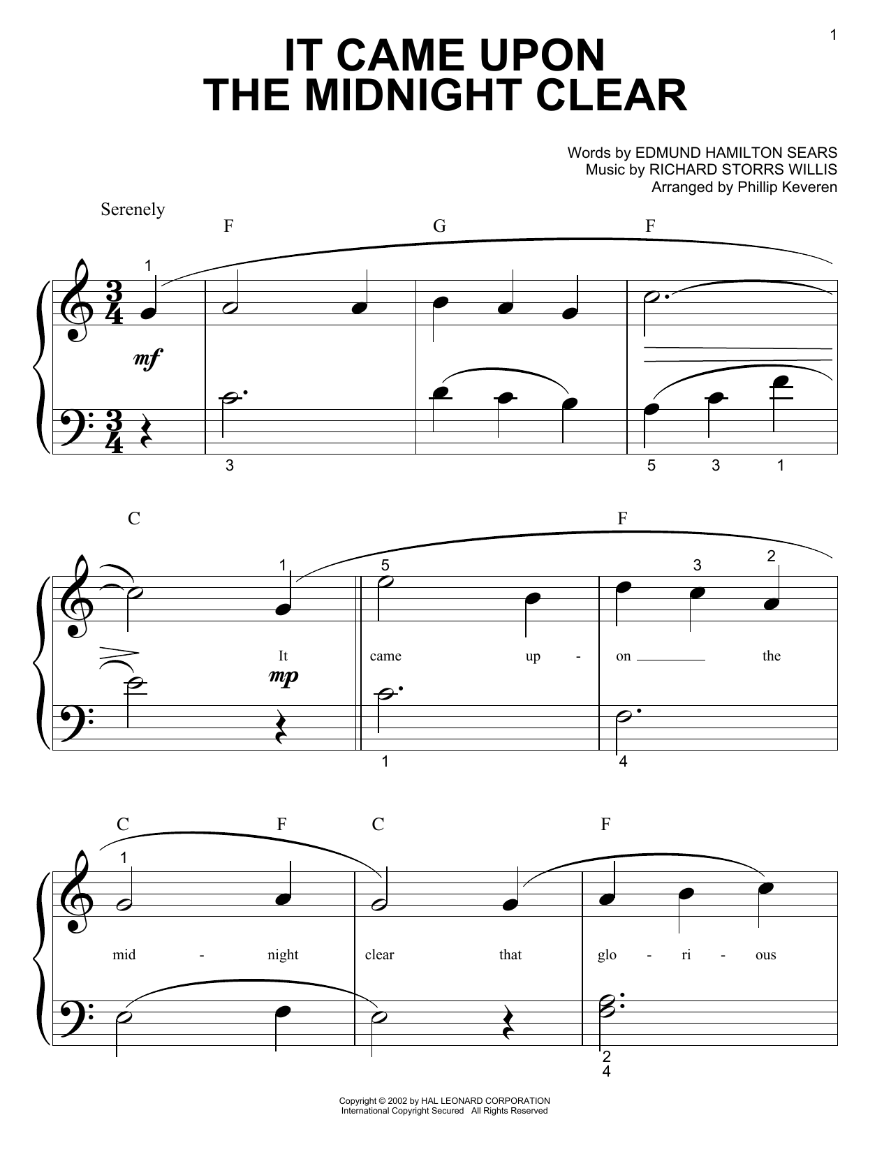 Edmund Hamilton Sears It Came Upon The Midnight Clear Sheet Music Notes & Chords for Piano (Big Notes) - Download or Print PDF