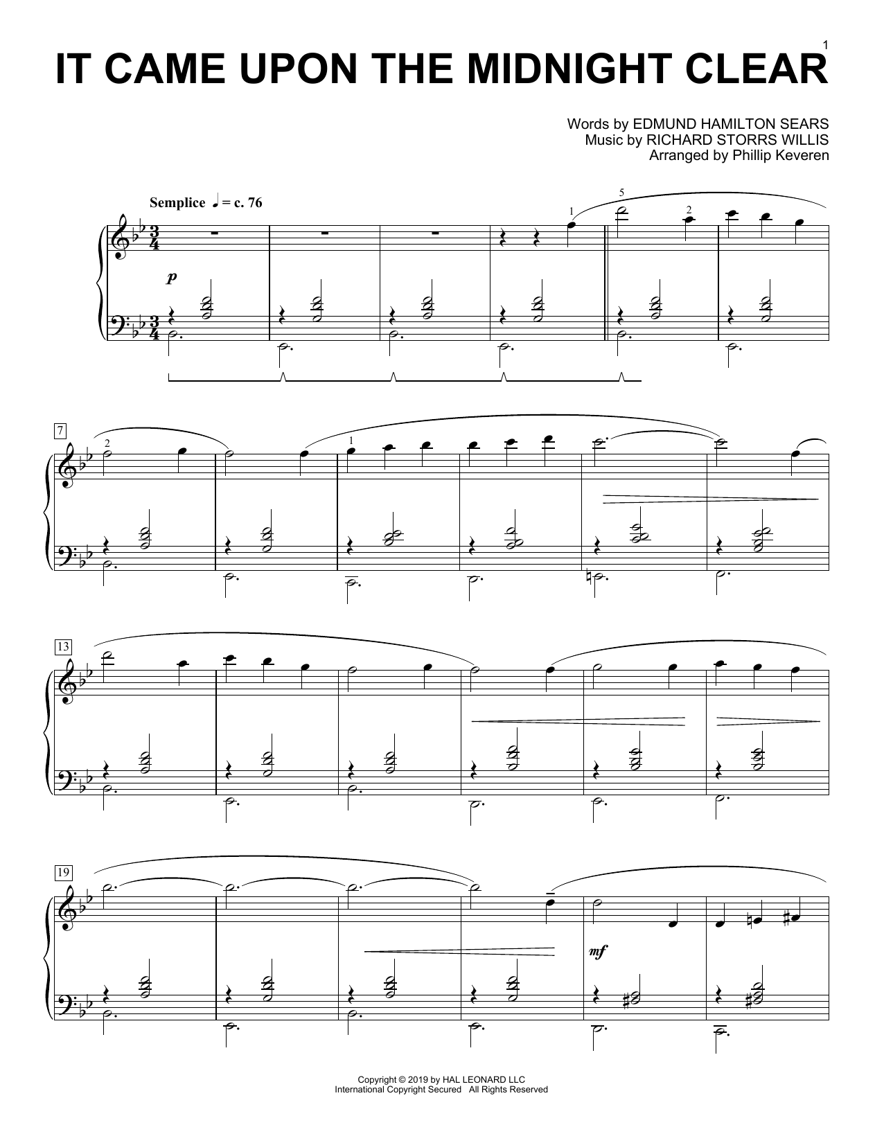 Edmund Hamilton Sears It Came Upon The Midnight Clear [Classical version] (arr. Phillip Keveren) Sheet Music Notes & Chords for Piano Solo - Download or Print PDF