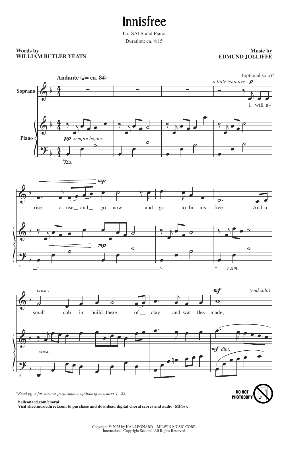 Edmund Jolliffe Innisfree Sheet Music Notes & Chords for SATB Choir - Download or Print PDF