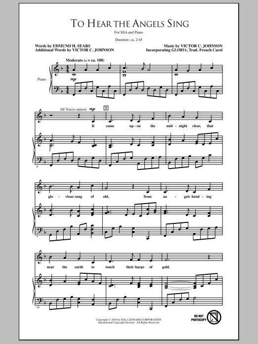 Preview Edmund H. Sears To Hear The Angels Sing Concert sheet music, notes and chords for SSA, SKU: 290053 To Hear The Angels Sing sheet music