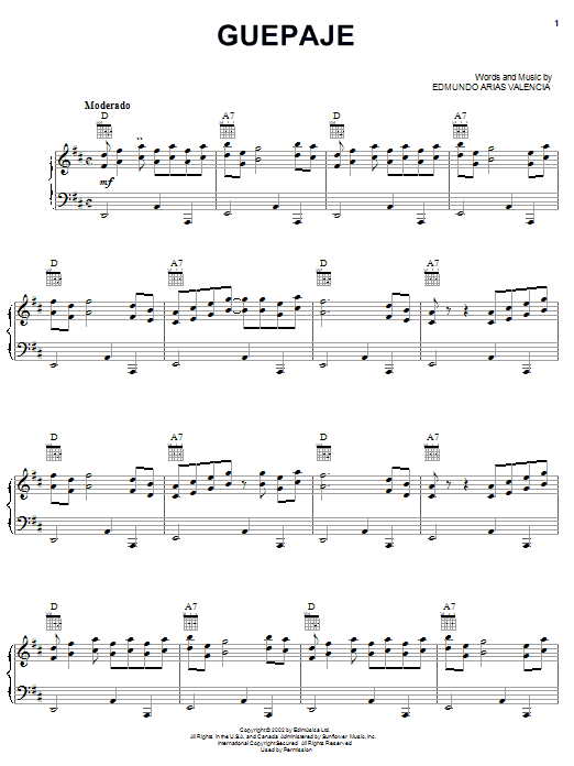 Edmundo Arias Valencia Guepaje Sheet Music Notes & Chords for Piano, Vocal & Guitar (Right-Hand Melody) - Download or Print PDF