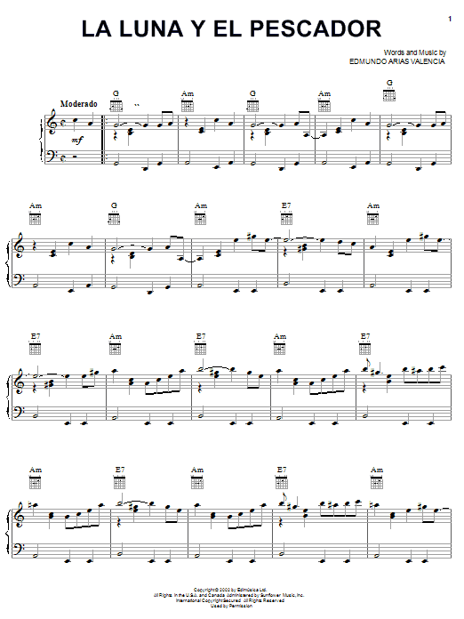 Edmundo Arias Valencia La Luna Y El Pescador Sheet Music Notes & Chords for Piano, Vocal & Guitar (Right-Hand Melody) - Download or Print PDF
