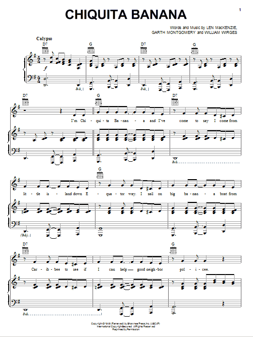 Edmundo Ros Chiquita Banana Sheet Music Notes & Chords for Piano, Vocal & Guitar (Right-Hand Melody) - Download or Print PDF