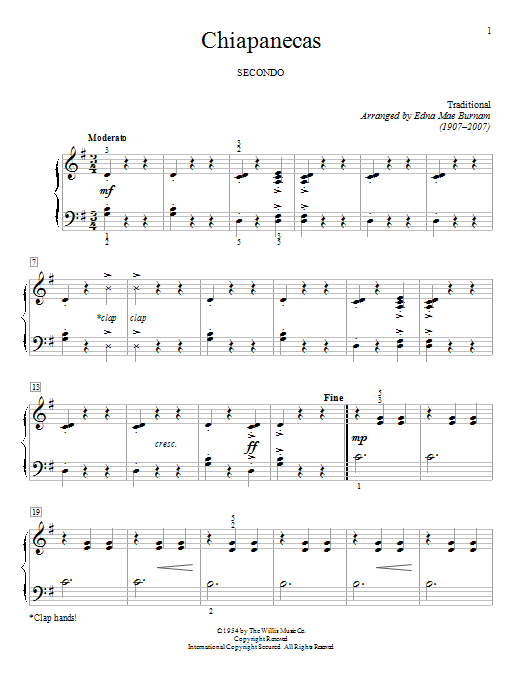 Edna Mae Burnam Chiapanecas Sheet Music Notes & Chords for Piano Duet - Download or Print PDF