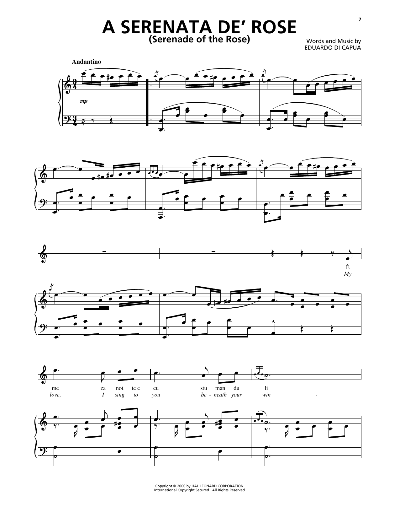 Eduardo di Capua A Serenata De' Rose (Serenade Of The Rose) Sheet Music Notes & Chords for Piano, Vocal & Guitar Chords (Right-Hand Melody) - Download or Print PDF