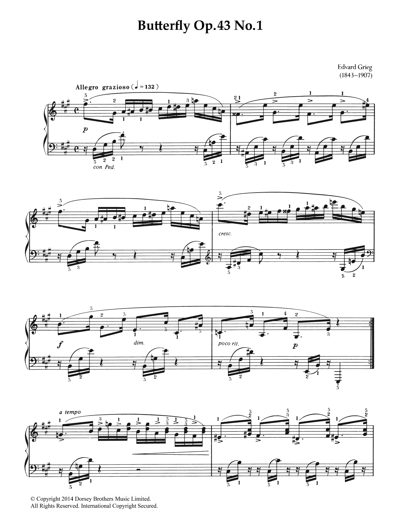 Edvard Grieg Butterfly (from 'Lyric Pieces Op. 43') Sheet Music Notes & Chords for Piano - Download or Print PDF
