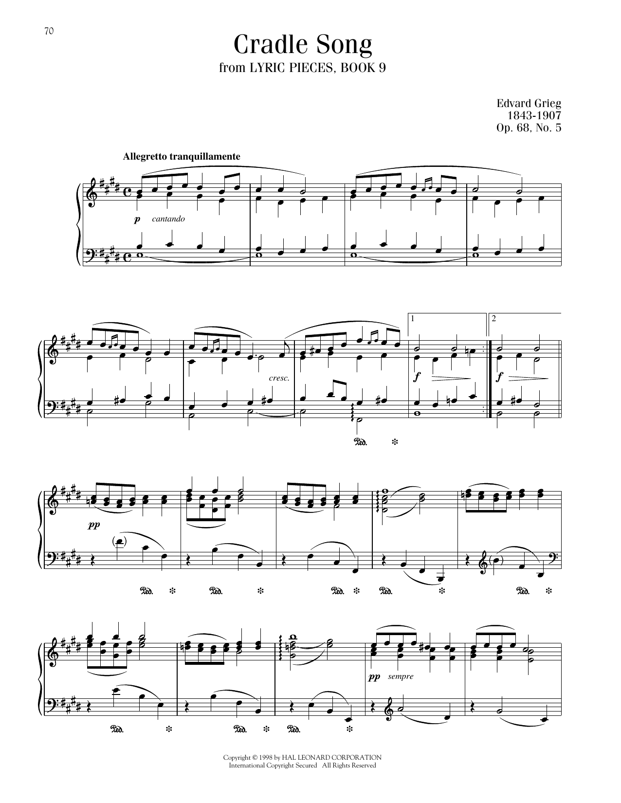 Edvard Grieg Cradle Song, Op. 68, No. 5 Sheet Music Notes & Chords for Piano Solo - Download or Print PDF