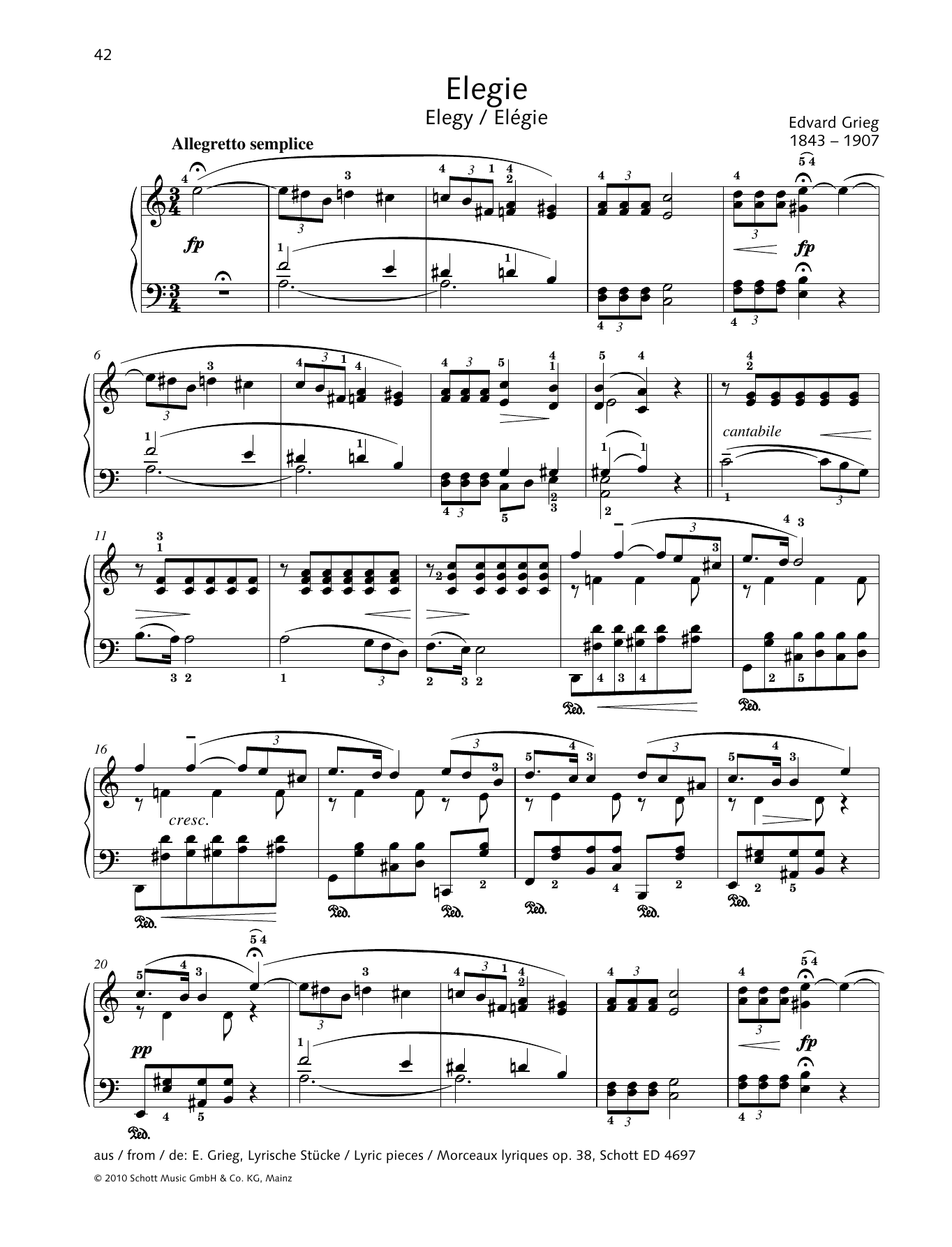 Edvard Grieg Elegy Sheet Music Notes & Chords for Piano Solo - Download or Print PDF