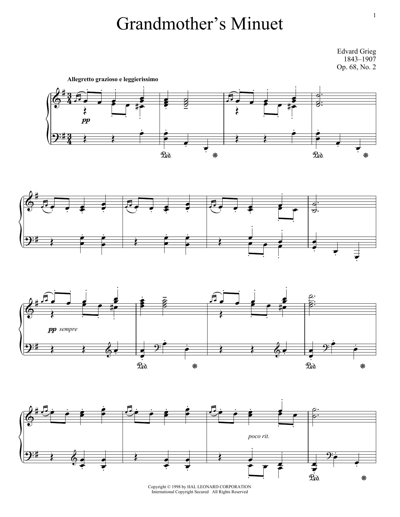 Edvard Grieg Grandmother's Minuet, Op. 68, No. 2 Sheet Music Notes & Chords for Piano - Download or Print PDF