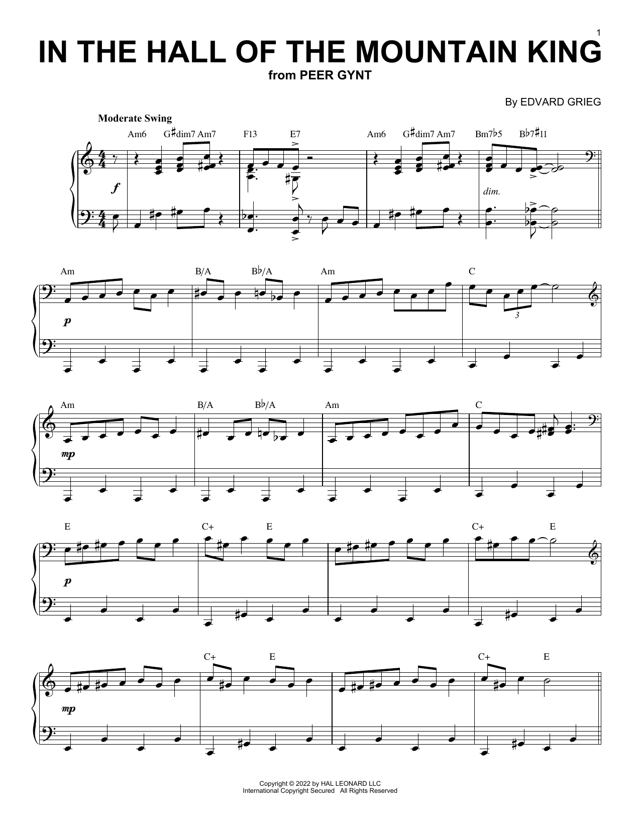 Edvard Grieg In The Hall Of The Mountain King [Jazz version] (arr. Brent Edstrom) Sheet Music Notes & Chords for Piano Solo - Download or Print PDF