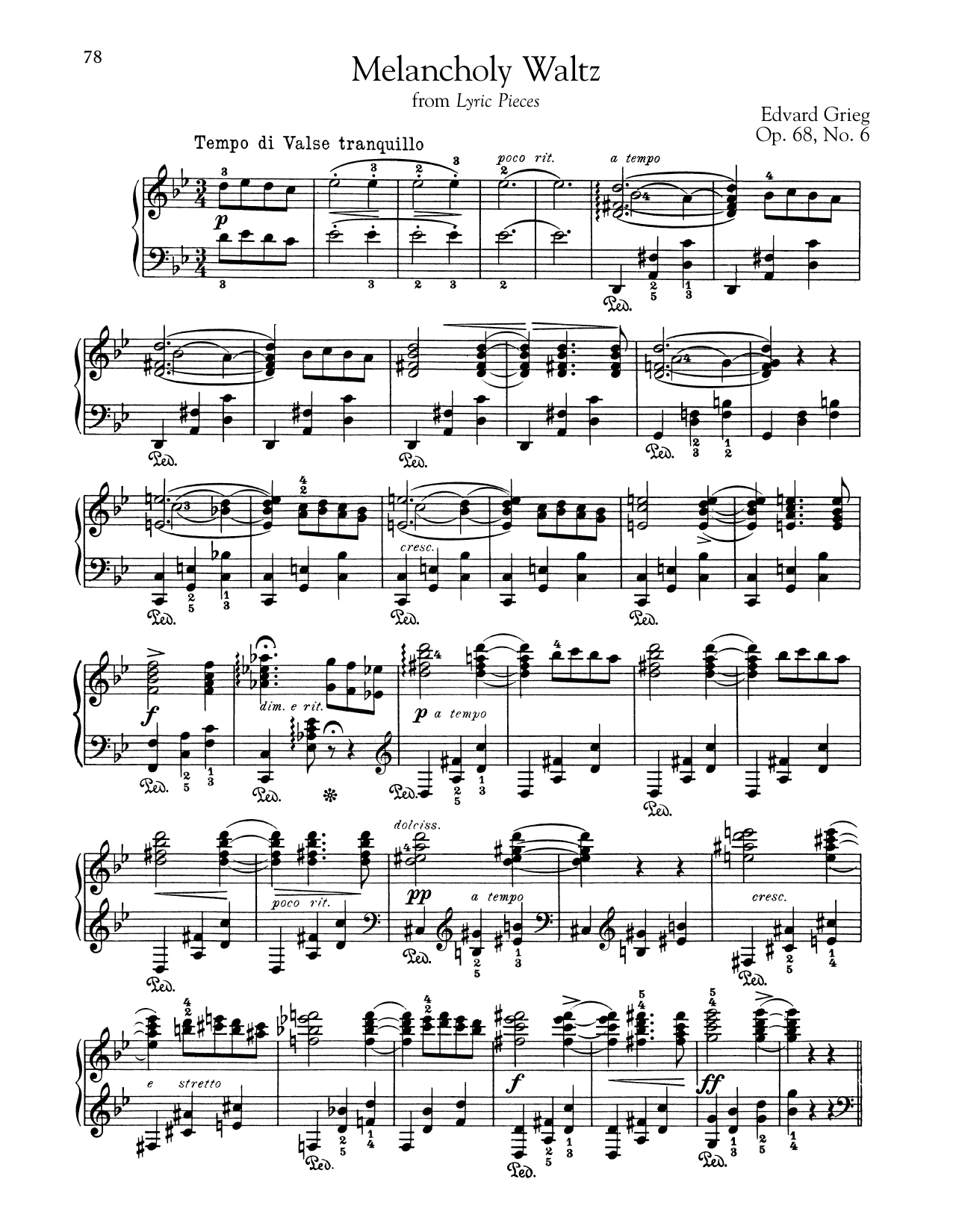 Edvard Grieg Melancholy Waltz, Op. 68, No. 6 Sheet Music Notes & Chords for Piano - Download or Print PDF
